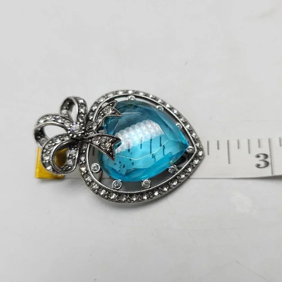 Joan Rivers Heart-Shaped Silver-Tone Blue Crystal Bow Brooch Pin 2" Vintage Jewe - Picture 4 of 4